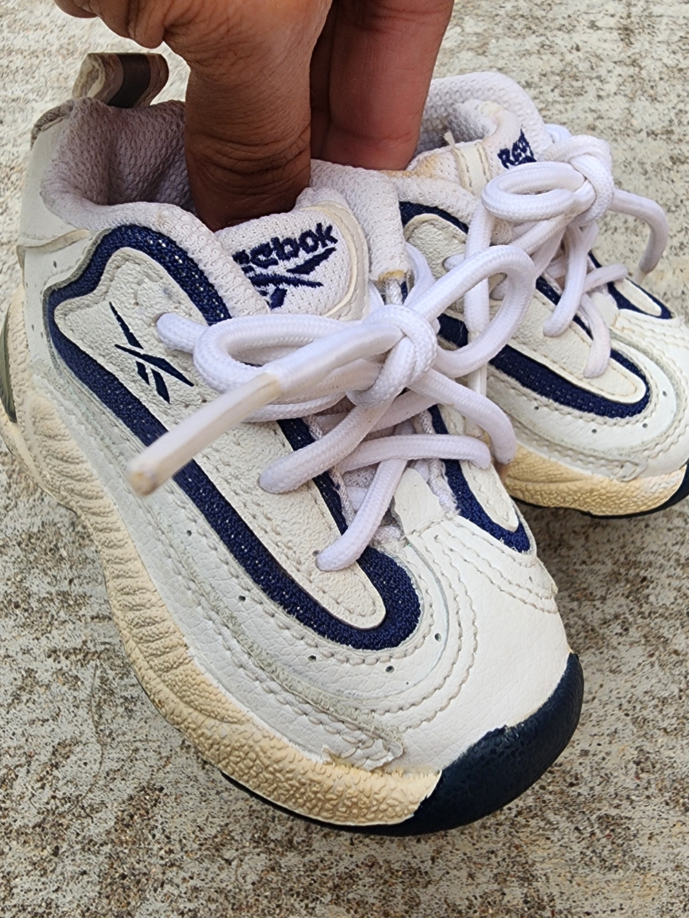 90’s Vintage Reebok Baby Infant Athletic Navy Blue White Cream Sneakers, Sz 2